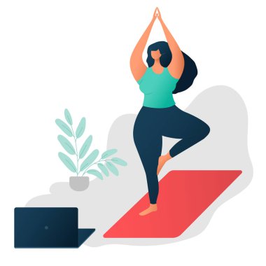 Vücut pozitif konsept. Çevrimiçi Yoga ve Sağlık Konsepti. Yoga ve beden kızın kutlu olsun. Çekici şişman kadın. Şişman kabul hareketi için şişmanlık fobisi yok. Yoga pozu veren güzel, şişman bir kız.