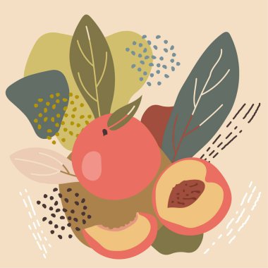 Soyut pastel renkler meyve elementi memphis tarzı. Organik gıda ambalajı, doğal kozmetik ürünleri, vejetaryen ürünleri için retro soyut arka planda şeftalinin vektör çizimi. şeftali etiketi