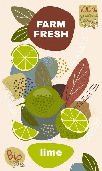 Élelmiszer-címke sablon. vektorillusztráció az ökológiai lime gyümölcsökhöz. természetes bio gyümölcs csomag kialakítása. érett lime gyümölcsök elvont memphis stílusú háttérrel. öko-koncepció gazdaság friss címke. — Stock Vector