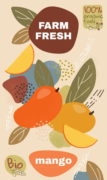 Modelo de rótulo alimentar. ilustração vetorial para fruta de manga orgânica. design natural pacote de frutas biológicas. frutos de manga maduros com fundo estilo memphis abstrato. eco conceito fazenda rótulo fresco. —  Vetores de Stock