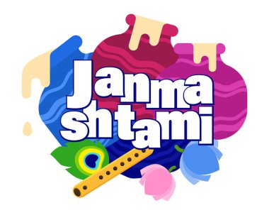 Hindistan 'ın Mutlu Janmashtami Festivali arka planındaki Safra Handi kutlamasının bir resmi. Janmashtami festivali Shri Krishan Janmashtami 'de Tanrı Krishna' nın illüstrasyon afişi, kart posteri.