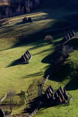 Sonbahar manzara saman yığını ile dağlarda. Geleneksel saman yığınları, tipik kırsal sahne Fundatura Ponorului, Romanya. 