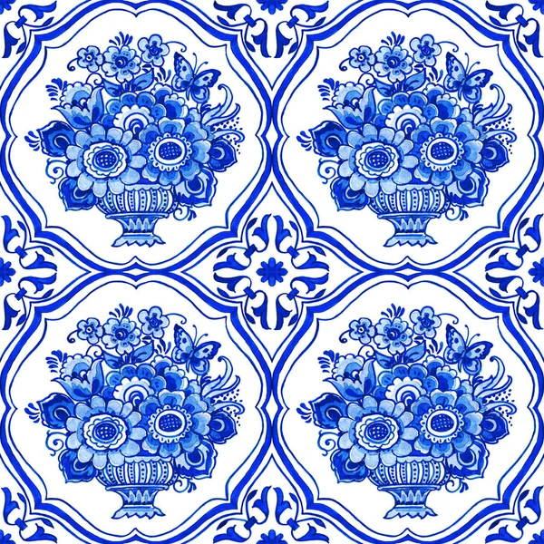 Delft blue style watercolor seamless pattern. Traditional Dutch tiles, bouquets of flowers in classic vase in elegant frame, cobalt on white background. Wallpaper, textile design.