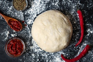 Çiğ hamur hazırlama veya malzeme ile pizza: domates sosu. Pizza için baharatlı sos. Düz döşeme stili
