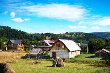 Dağ köyündeki renkli bahar manzarası. Karpat Dağları, Ukrayna
