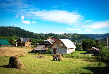 Dağ köyündeki renkli bahar manzarası. Karpatyalı Mo