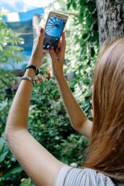 Arkadan Görünüm tropikal bir parkta duran ve bir fotoğraf Smartphone'da yapma bir kadın. Bir turistik bir gezi hayvanat bahçesine üzerinde. 