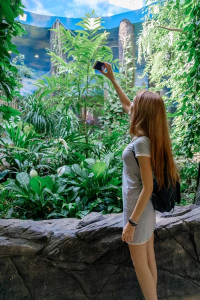 Arkadan Görünüm tropikal bir parkta duran ve bir fotoğraf Smartphone'da yapma bir kadın. Bir turistik bir gezi hayvanat bahçesine üzerinde.