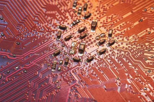 Computer Rosso Microcircuiti Elettronici Concetto Sfondo Macro Primo Piano — Foto Stock