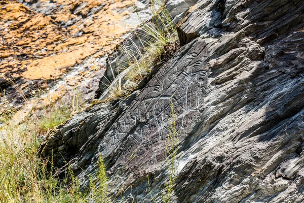 Ancient cave drawings and carving, petroglyphs on wall. Western Siberia, Russia