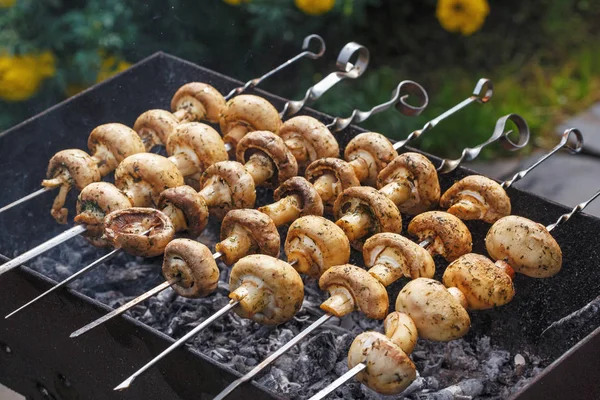 Barbecue Skewers Delicious Grilled Champignon Mushroom Kebab Brazier — Stock Photo, Image