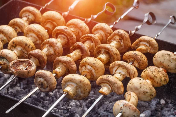 Barbecue Skewers Delicious Grilled Champignon Mushroom Kebab Brazier — Stock Photo, Image