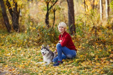 Güzel beyaz kız sonbahar orman veya park husky köpek ile çalış
