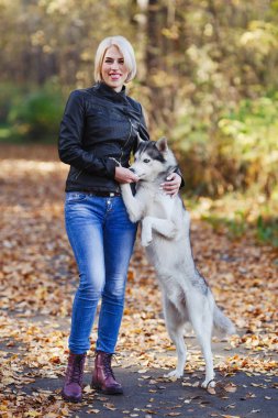 Güzel beyaz kız sonbahar orman veya park husky köpek ile çalış