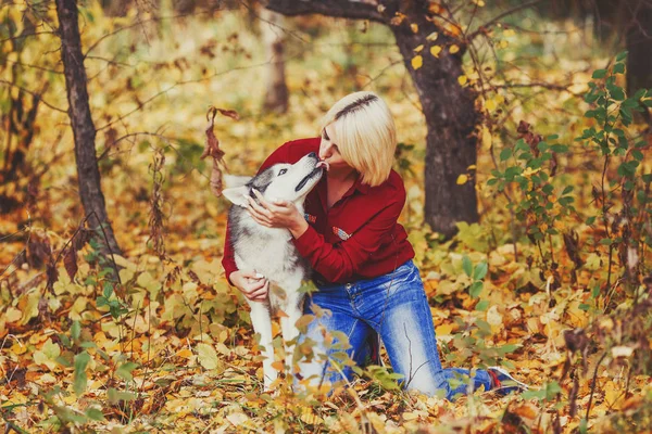 Krásná Kavkazské Dívka Hraje Husky Psa Podzimním Lese Nebo Parku — Stock fotografie