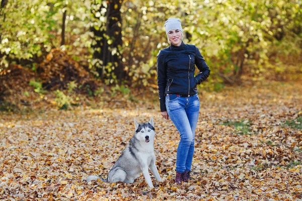Beautiful Caucasian Girl Plays Husky Dog Autumn Forest Park — Stock Photo, Image