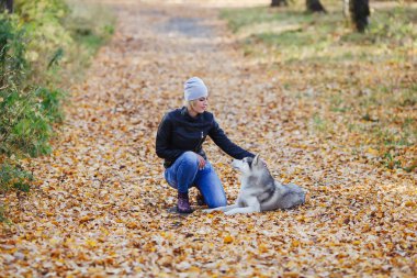 Güzel beyaz kız sonbahar orman veya park husky köpek ile çalış