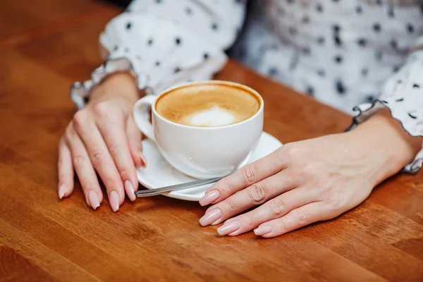 Hands Woman Cafe Cup Latte Coffee Closeup — Stock Photo, Image