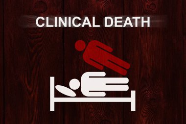 Kağıt man ile metin klinik ölüm yatakta. Vücut dışına yakın ölüm deneyimi kavramı