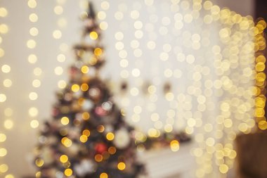 Noel ağacı ve tatil dekorasyon. Mevsimlik arka plan, bokeh defocused