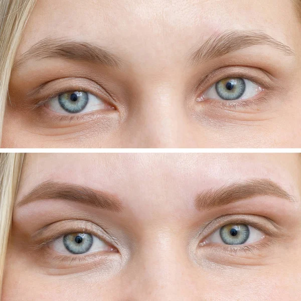 Foto Jämförelse Före Och Efter Permanent Makeup Tatuera Ögonbryn För — Stockfoto