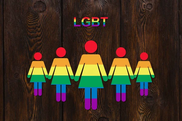 Seis Mujeres Papel Color Sobre Fondo Madera Lgbt Orgullo Concepto — Foto de Stock