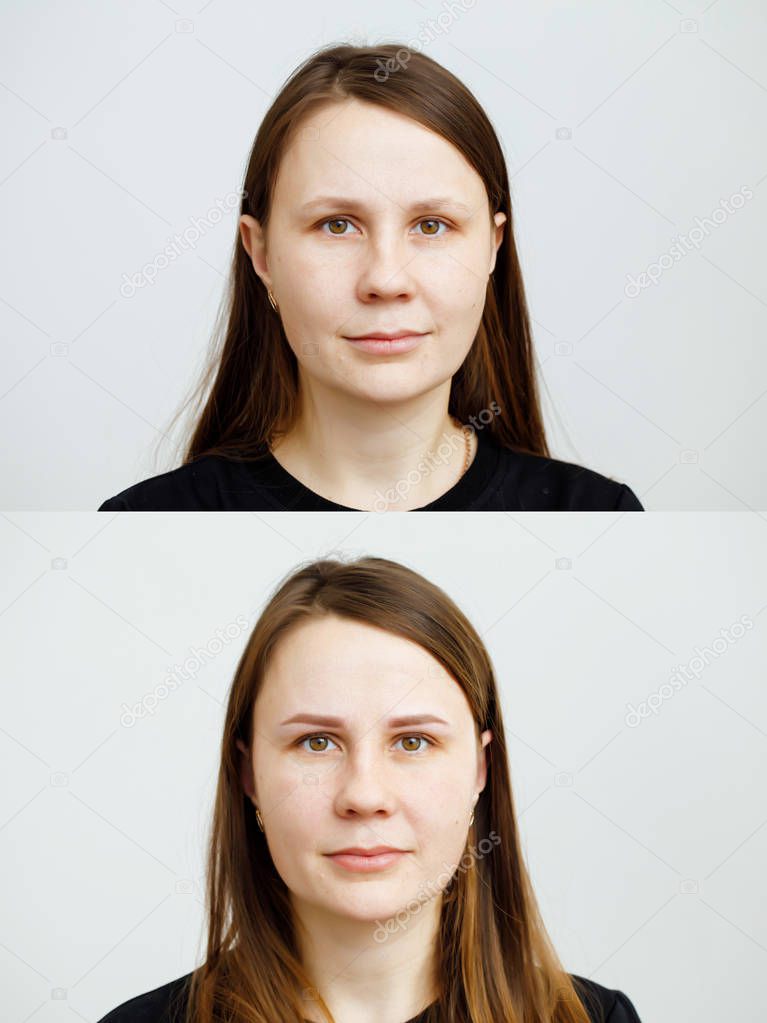 Photo comparison before and after permanent makeup, tattooing of eyebrows for woman in beauty salon