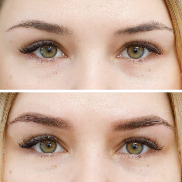 Photo comparison before and after permanent makeup, tattooing of eyebrows