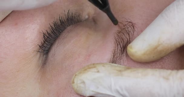 Permanent Makeup Tatuering Ögonbryn Kosmetolog Tillämpa Göra Upp Med Maskin — Stockvideo