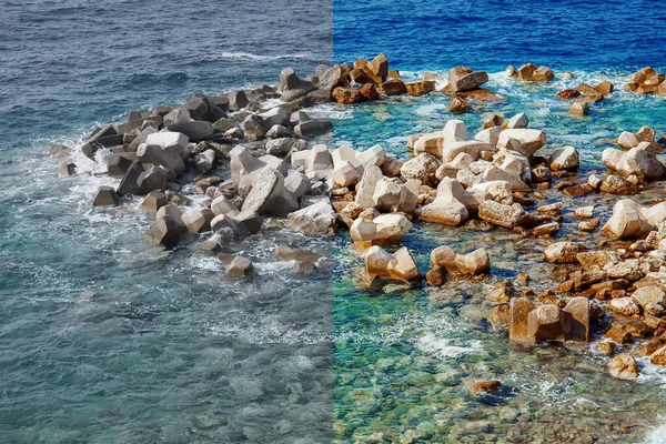 Foto antes e depois do processo de edição de imagem. Rochas marinhas — Fotografia de Stock