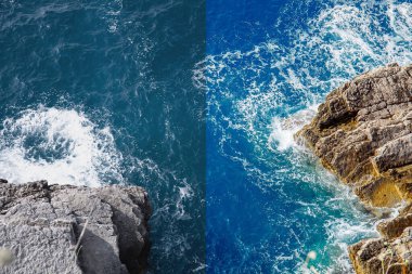 Resim düzenleme işleminden önce ve sonra fotoğraf. Deniz taşları