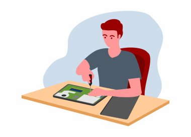 Genç adam dizüstü bilgisayarı tamir ediyor. Basit düz resimleme.