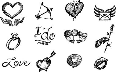 Love Icons Sembol Sketch, elle çizim vektöre çevrildi