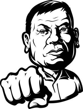 Filipinler 'in 16. başkanı Rodrigo Roa Duterte' nin bir karikatürü yumruğunu uzatıyor..