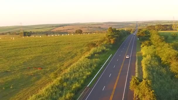 Δρόμο κατά το ηλιοβασίλεμα με το πέρασμα του αυτοκινήτου και ένα όμορφο βοσκότοπο στο παρασκήνιο — Αρχείο Βίντεο