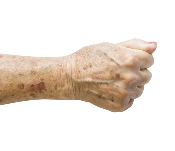 Oudere Vrouw Gerimpelde Handpalm Duidelijk Zichtbare Aderen Reiken Naar Voren — Stockfoto