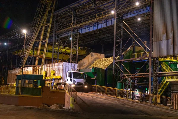 Fabriek Suikerriet Nacht Industrie Truck — Stockfoto