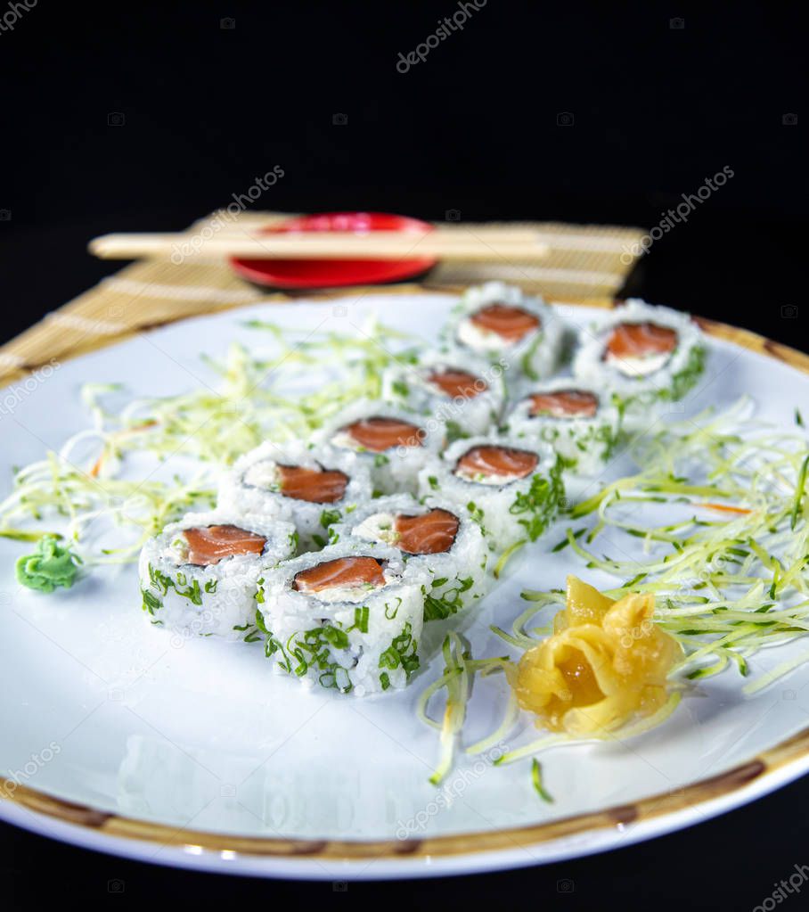 japanese food delicious salmon uramaki sushi with rice
