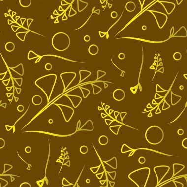 Sarı bitkiler botanik zeytin desen vektör ve çiçekleri hardal arka plan üzerinde çim. Kayıt Kağıt veya ev Enteriyör eşyaları için