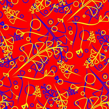 Vektör botanik parlak kırmızı ve mavi bitki ve çim kırmızı bir arka plan üzerinde bıçak desen. Kağıt veya ev eşyaları için