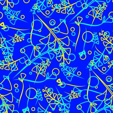 Goffed ve sarı bitkiler botanik parlak desen vektör ve bıçaklar mavi bir arka plan üzerinde çim. Kağıt veya ev eşyaları için