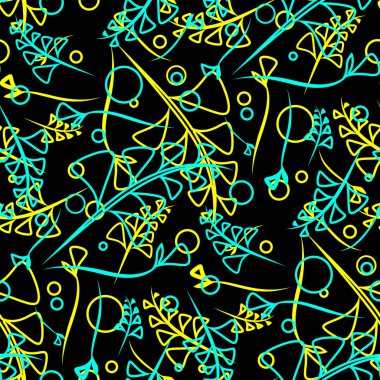 Vektör botanik parlak goffed ve sarı bitki ve çim bıçaklar siyah bir arka plan deseni. Kağıt veya ev eşyaları için