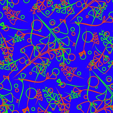 Vektör botanik parlak desen tuğla ve yeşil bitkiler ve ot bıçaklar mavi bir arka plan üzerinde. Kağıt veya ev eşyaları için