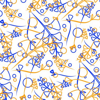 Vektör botanik model mavi ve hardal bitki ve çim şeftali bir arka plan üzerinde. Kağıt veya ev eşyaları için