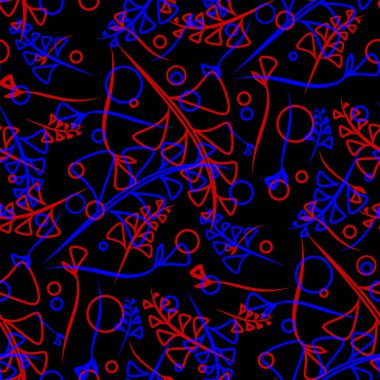 Vektör botanik desen kırmızı ve mavi bitki ve çim siyah bir arka plan üzerinde bıçaklar. Kağıt veya ev eşyaları için