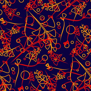 Kırmızı ve sarı çiçekler ve çim karanlık deniz arka planda vektör botanik desen. Kağıt veya ev eşyaları için