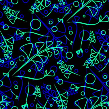 Nane ve mavi bitki ve çim bıçaklar kurşun arka plan üzerinde vektör botanik desen. Kağıt veya ev eşyaları için