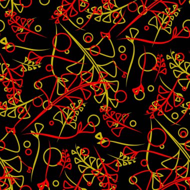 Kırmızı ve mavi bitki ve çim bıçakları Khokhloma tarzı bir kurşun arka plan üzerinde vektör botanik desen. Kağıt veya ev eşyaları için