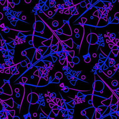 Vektör botanik desen mor ve mavi bitki ve çim bıçaklar etnik tarzda siyah bir zemin üzerine. Kağıt veya ev eşyaları için