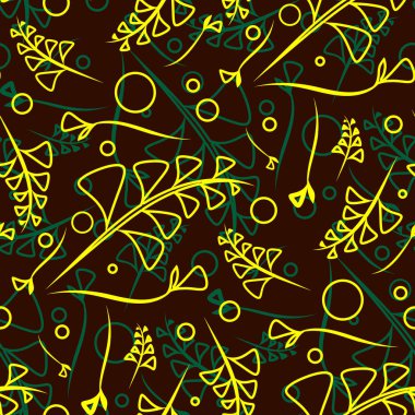 Vektör yeşil ve sarı bitki ve çim bıçaklar etnik tarzda kahverengi bir arka plan üzerinde botanik desen. Kağıt veya ev eşyaları için